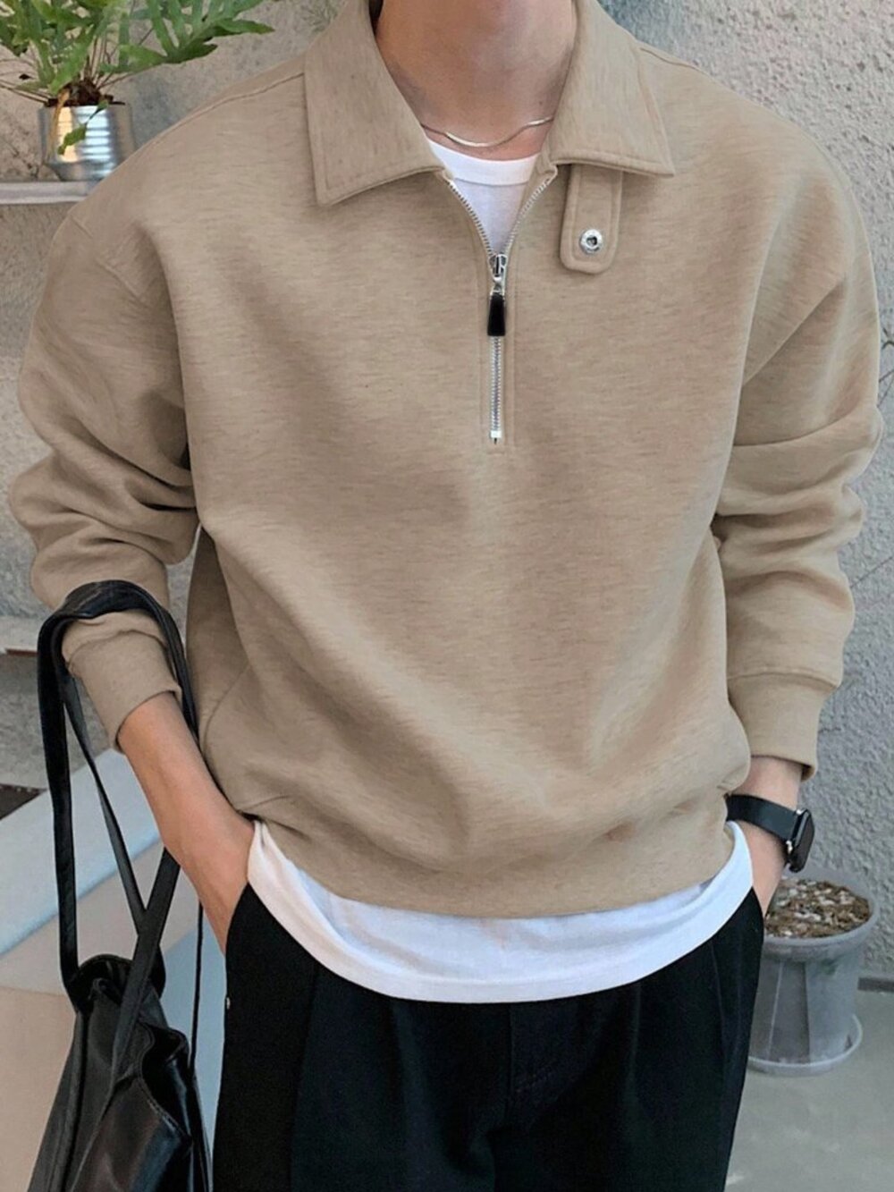 Light Khaki Casual Men's Patched Quarter Zip Sweatshirt